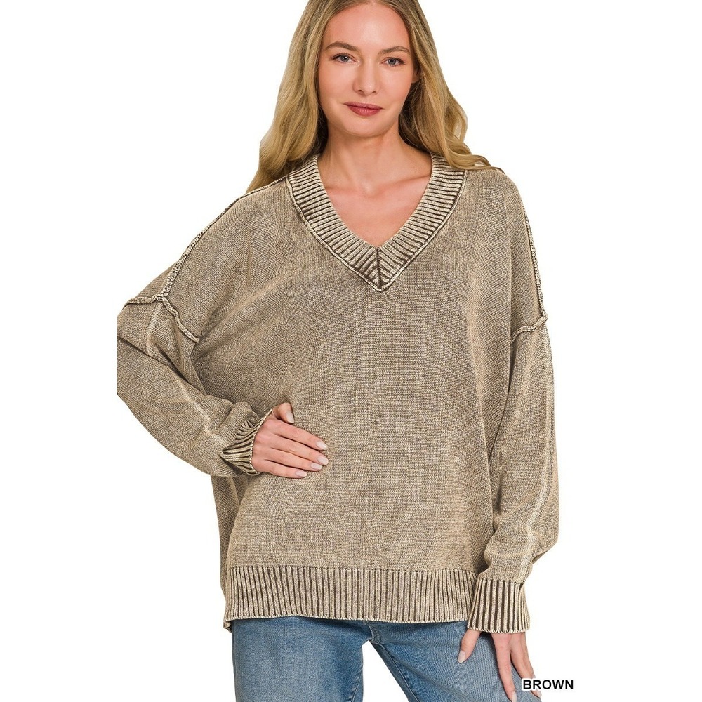 Zenana Washed Deep‎ V-neck Oversized Sweater - Brown - Small